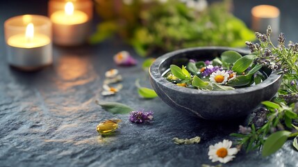 Herbal Spa Bowl with Candles and Essential Oil Capsule