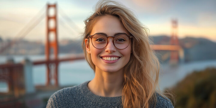 Smiling woman posing with golden gate bridge san francisco portrait photography urban landscape eye-level view joyful expression for seo impact