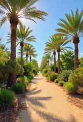 Obraz premium Path lined with palm trees and shrubbery under blue sky