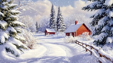 Naklejka premium A charming winter scene with a snow-covered path cutting through a Christmas tree farm, lined by fir trees blanketed in white.