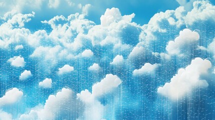 Abstract digital art depicting a rain-like effect falling from fluffy white clouds against a vibrant blue sky.