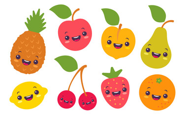 Vector set flat illustration of a fruits in kawaii style.