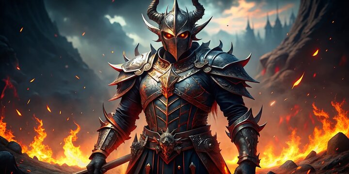 Dark Fantasy Knight Wallpaper: Demonic Armor, Fiery Background, 16:9 Aspect Ratio