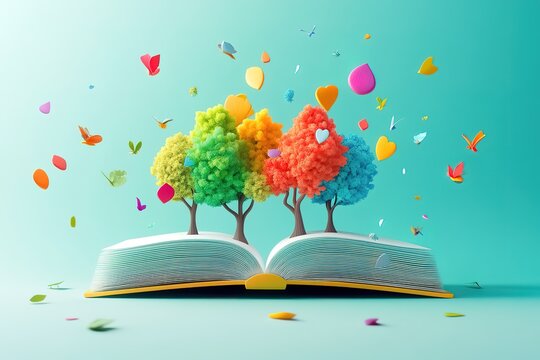 Colorful Trees Sprout from an Open Book, Inspiring Imagination