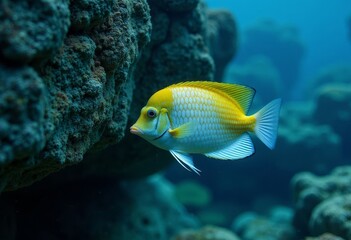Yellow fish by coral reef in blue water