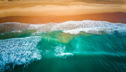 Stunning aerial view of ocean waves breaking on a sandy beach. Vibrant turquoise water contrasts beautifully with the golden sand. Perfect for travel, nature, or summer-themed projects.
