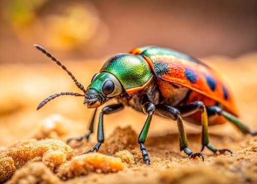 Darkling Beetle Pimelia: Close-up Side Profile on Sandy Terrain with Copy Space