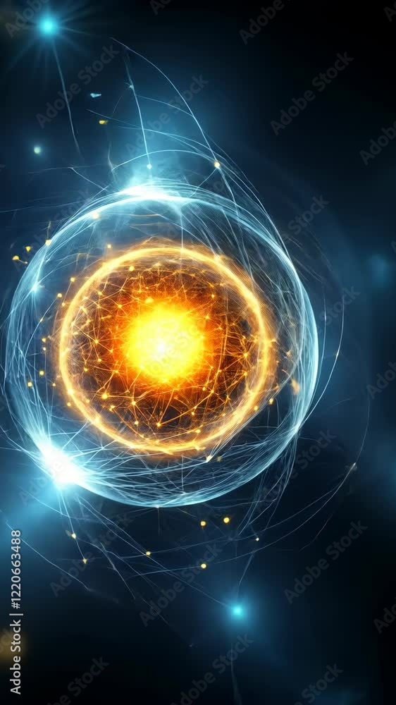 Poster representation of an atom with vibrant energy patterns and glowing particles on a dark background