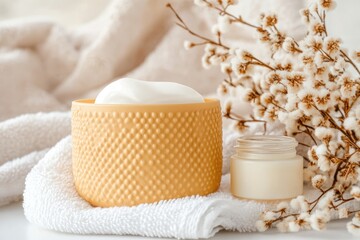 Close-up of a Foot Resting on a White Towel With Foot Cream in a Tranquil Spa-Like Setting for Relaxation and Care