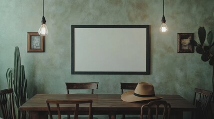 Rustic dining room with blank frame, hat, plants.