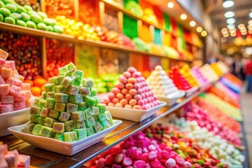 Obraz premium Miniature candy shop: vibrant Turkish delights and marshmallow cubes, a tilt-shift dream.
