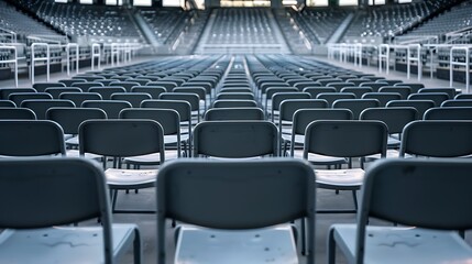 Naklejka premium Empty Arena Seating with Rows of Chairs and Concert Venue