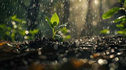 Naklejka premium A Small Plant Growing in the Rain