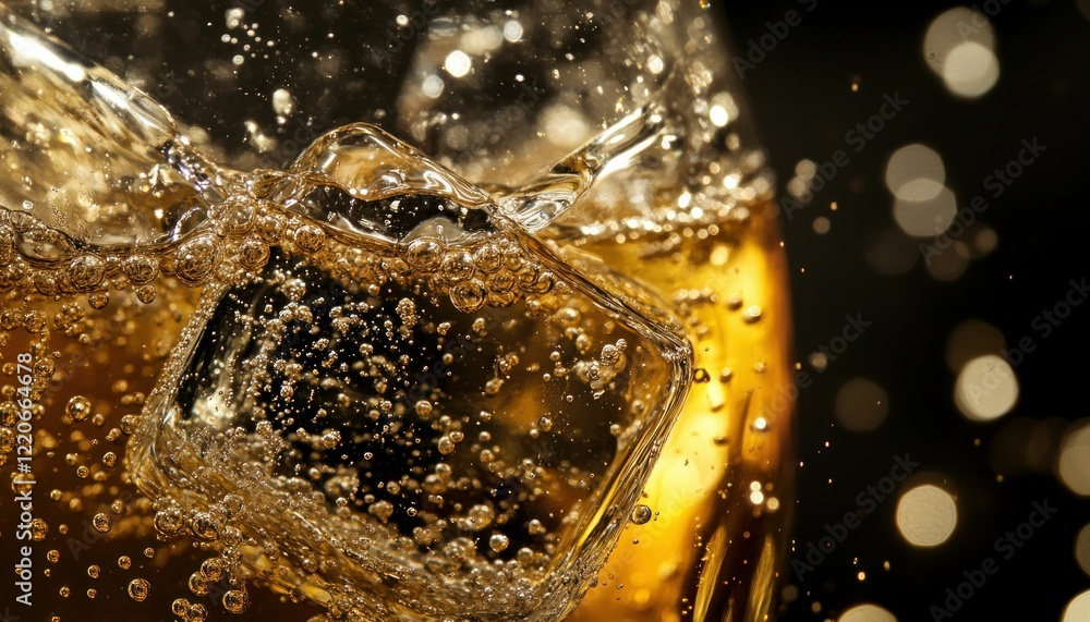 Poster ice cube plunging into golden liquid with bubbles and bokeh effect