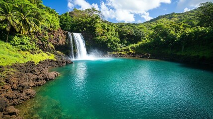 Fototapeta premium A stunning waterfall cascades into a turquoise pool, surrounded by lush greenery and tropical vegetation under a bright blue sky.
