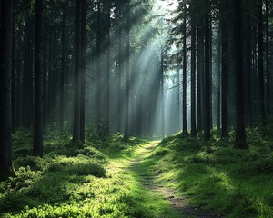 Obraz premium A serene forest scene with sun rays filtering through tall trees, illuminating a path covered in lush greenery.
