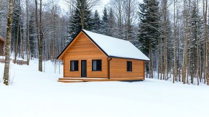 A cozy wooden cabin surrounded by snow-covered trees, creating a serene winter landscape.