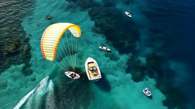 Parasailing over Turquoise Waters: Aerial View of Adventurous Watersports