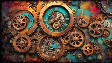 Fototapeta premium Intricate steampunk-style clockwork gears and timepieces form a vibrant, textured background.