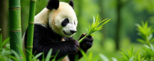 Fototapeta premium Giant panda meticulously stripping bamboo leaves , relaxed, adorable, photography