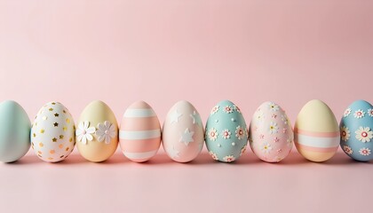 A collection of pastel colored Easter eggs featuring intricate designs rests in a neat line against a soft pink background, symbolizing joy and renewal during the spring holiday