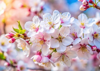 Obraz premium Delicate Spring Blossoms: Vibrant White and Pink Cherry Tree Flowers in Full Bloom