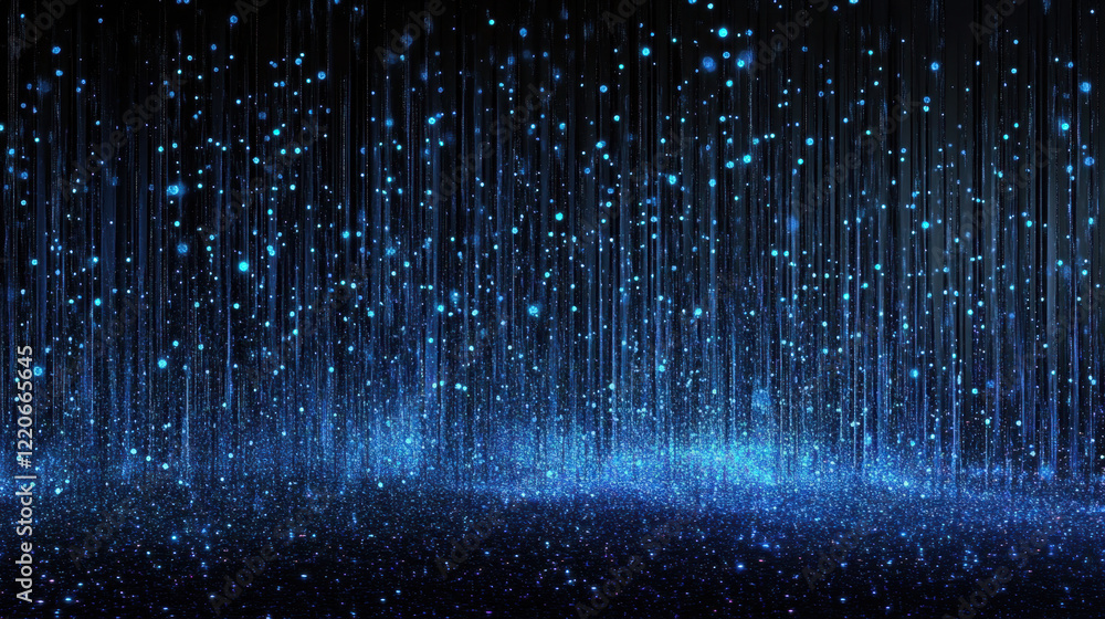 Poster digital representation of cascading blue light with shimmering particles in a dark environment