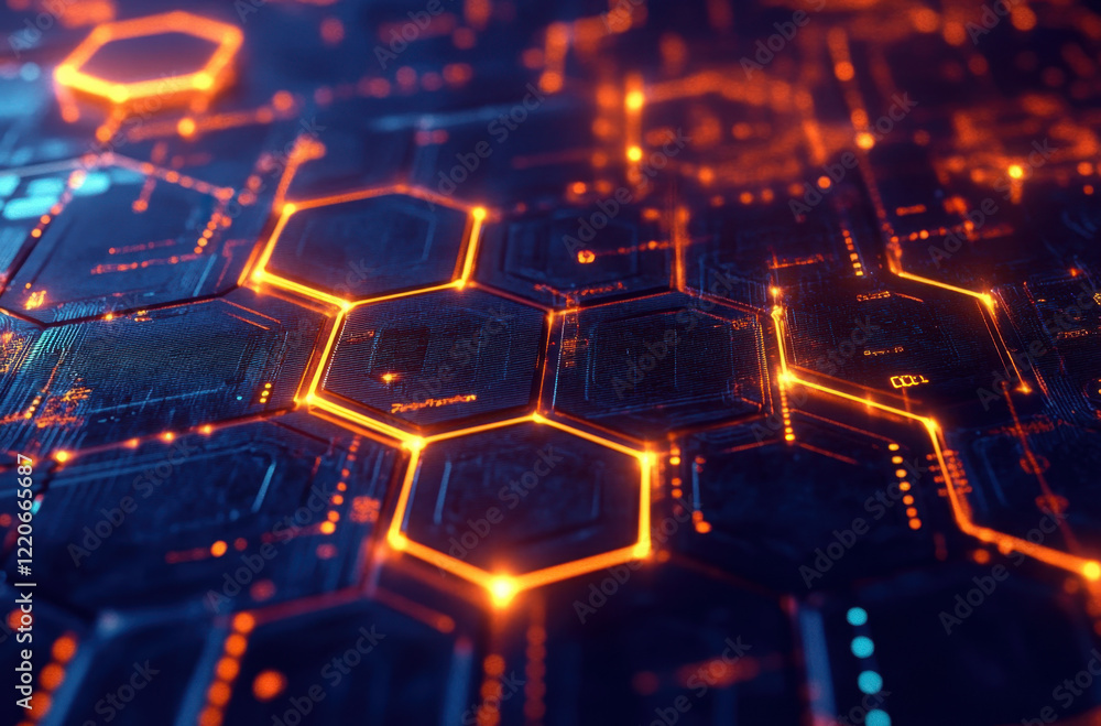 Poster digital hexagonal patterns glowing in vibrant orange light representing advanced technology and inno