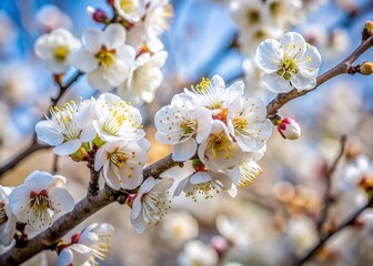 Fototapeta premium Delicate White Plum Blossoms in Late Winter Sunlight - Rule of Thirds Composition