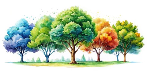 Fototapeta premium Panoramic watercolor tree paintings, perfect for nature-inspired designs and botanical prints on a white background.