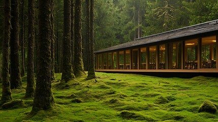 Modern forest pavilion, moss, trees, calm, nature retreat