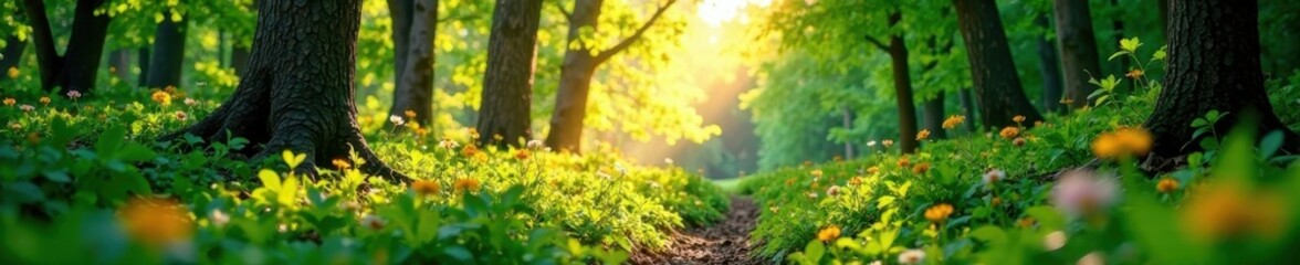 Fototapeta premium Sunlit spring forest, vibrant greens, dappled light, nature, backdrop