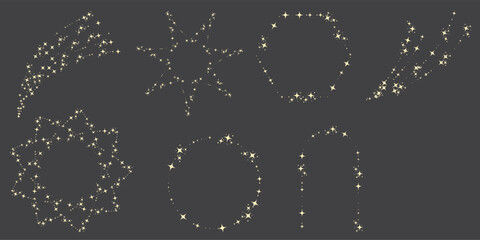 Magic star arch. Stars arch, star compositions graphic art. Shiny elements, starry and dots silhouettes. Comets and abstract constellations, retro celestial vector set