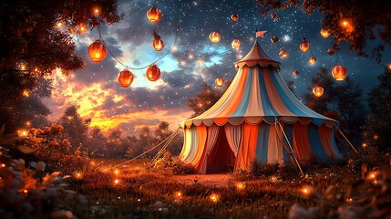 Enchanted circus tent at sunset, surrounded by glowing lanterns and fairy lights.  A magical, whimsical scene perfect for fantasy, fairytale, or event themes.