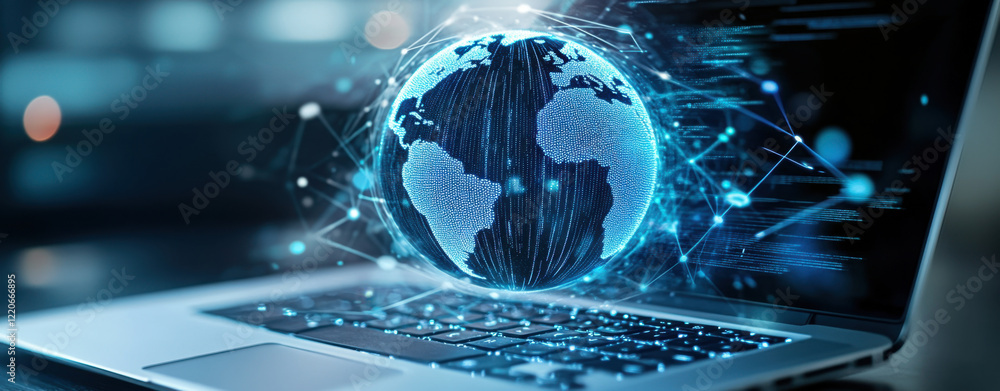 Poster global connectivity represented on a laptop with a digital world map glowing in blue hues and networ