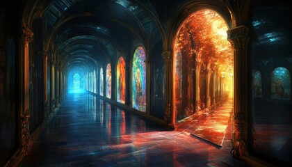 Fototapeta premium Mystical illuminated arched corridor with stained glass and light effects