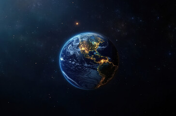 Earth viewed from space at night showcasing city lights and natural beauty