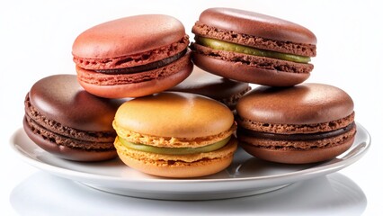 Delicious Chocolate Macaroons on White Plate - Isolated Background for Food Photography