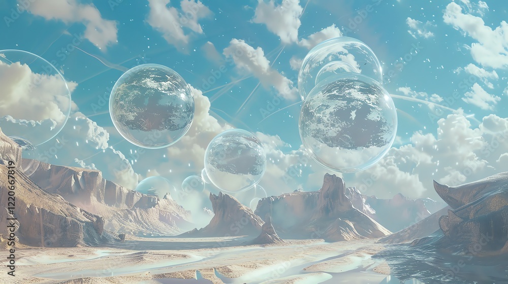 Poster this is a beautiful landscape image of a desert with large, glowing orbs floating in the sky.