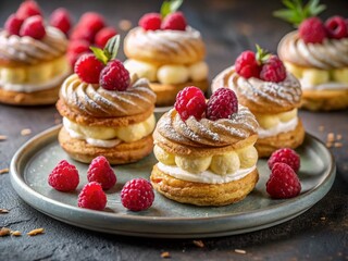 Delicious Cream Puff Rings & Eclairs with Raspberries - Gourmet Pastry Dessert
