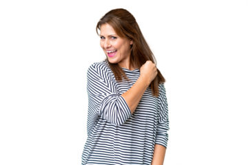 Middle age woman over isolated background celebrating a victory