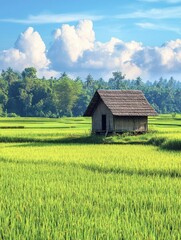 Obraz premium Serene Rice Fields and a Rustic Hut under a Blue Sky with Puffy Clouds