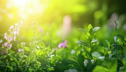 Naklejka premium Sunlit mint and wildflowers creating a vibrant and natural summer scene