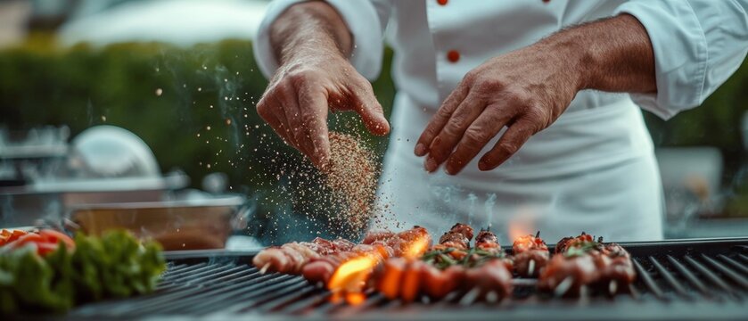 A chef elegantly seasons skewered meats on a flaming grill, showcasing culinary skill and precision.