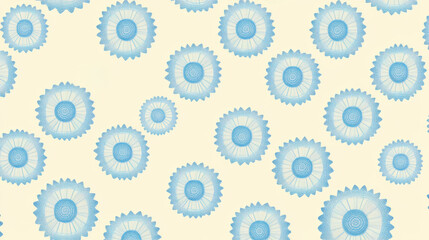 Blue medallion motifs arranged in seamless pattern on light beige background, creating modern and elegant design suitable for textiles or wallpapers