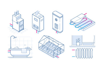 set of isometric vector illustrations about heating, heat generation, energy consumption devices and connections. Consumption of coolant and its production. Boiler, bathroom, greenhouse and heating.