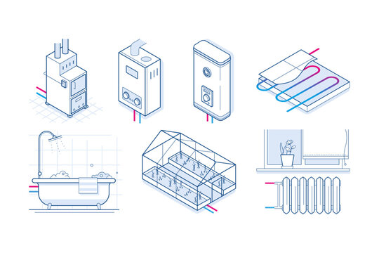 set of isometric vector illustrations about heating, heat generation, energy consumption devices and connections. Consumption of coolant and its production. Boiler, bathroom, greenhouse and heating.