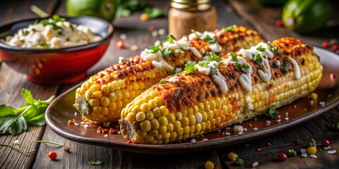 Delicious Grilled Mexican Elote Corn on the Cob - Low Light Photography Stock Photo