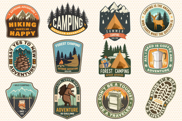 Set of Summer camp and hiking patches, badges. Vector. Concept for shirt or logo, print, stamp, patch or tee. Design with camping tent, campfire, man with guitar, bear, mountain and forest.