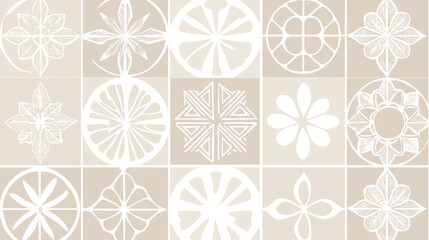 Elegant beige and white geometric tile pattern with floral and abstract motifs, creating seamless and minimalistic mosaic design